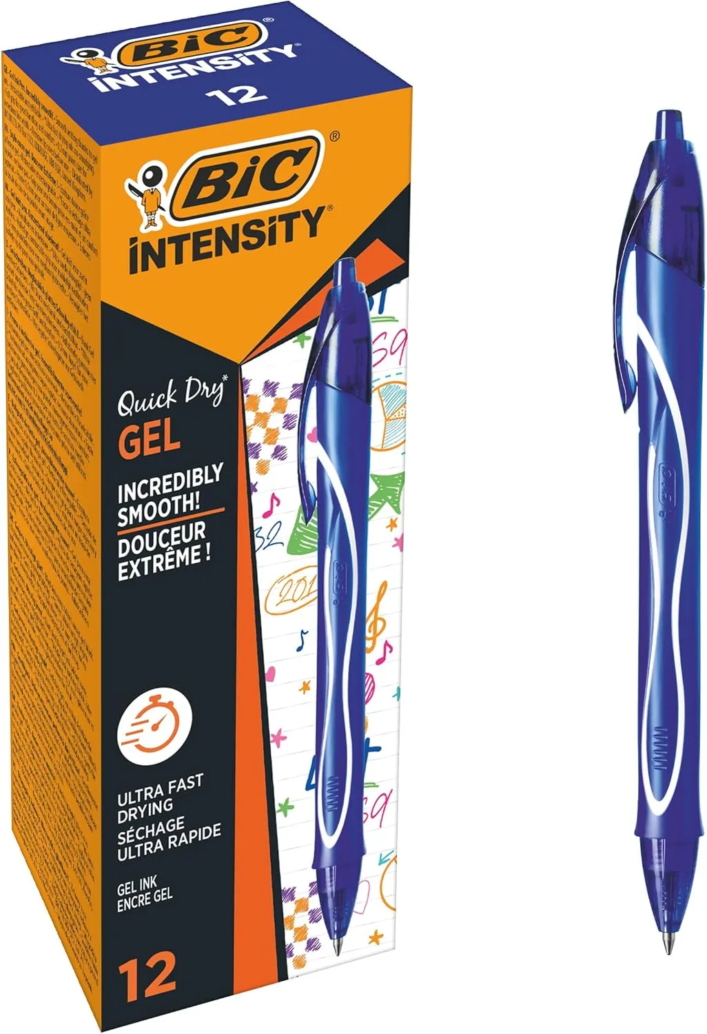 BIC Gel-ocity Quick Dry, Ultra Fast Drying Refillable Gel Ink Pens with Full Grip Barrel, in Blue, Pack of 12