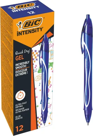 BIC Gel-ocity Quick Dry, Ultra Fast Drying Refillable Gel Ink Pens with Full Grip Barrel, in Blue, Pack of 12