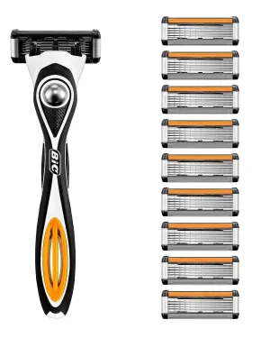 BIC Hybrid 5 Flex Refillable Men's Razor, 1 Weighted Handle and 10 Nano-Tech Titanium 5-Blade Refills with Precision Blade - Bundle of 1 10 Multicolor