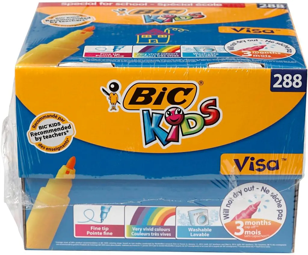 Bic Kids Visa Felt Tip Pens, Fine Tip, Very Vivid Colouring Pens, Washable Markers, Back to School Supplies, 288 Pack