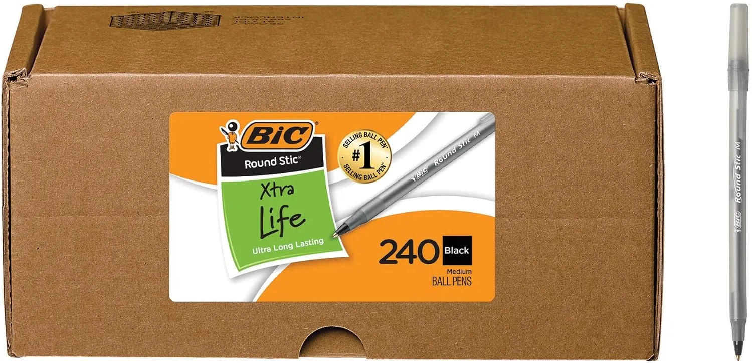 BIC Round Stic Xtra Life Black Ballpoint Pens, Medium Point (1.0mm), 240-Count Pack of Bulk Pens, Flexible Round Barrel for Writing Comfort, No. 1 Selling Ballpoint Pens
