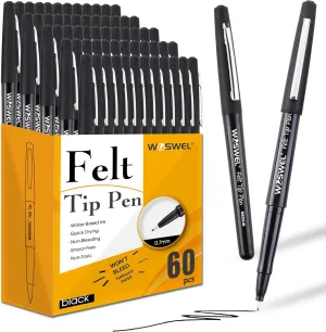 Black Felt Tip Pens - 60 Pack, 0.7mm Medium Point Pens for Journaling, Note Taking, Planner, Writing, Drawing