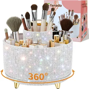 Bling Diamond Makeup Brush Holder, 360° Rotating Makeup Organizer, 5 Slot Make up Brushes Cup for Countertop, Storage for Cosmetics Pen Eyeliner Skincare on the Vanity (Diamond white)