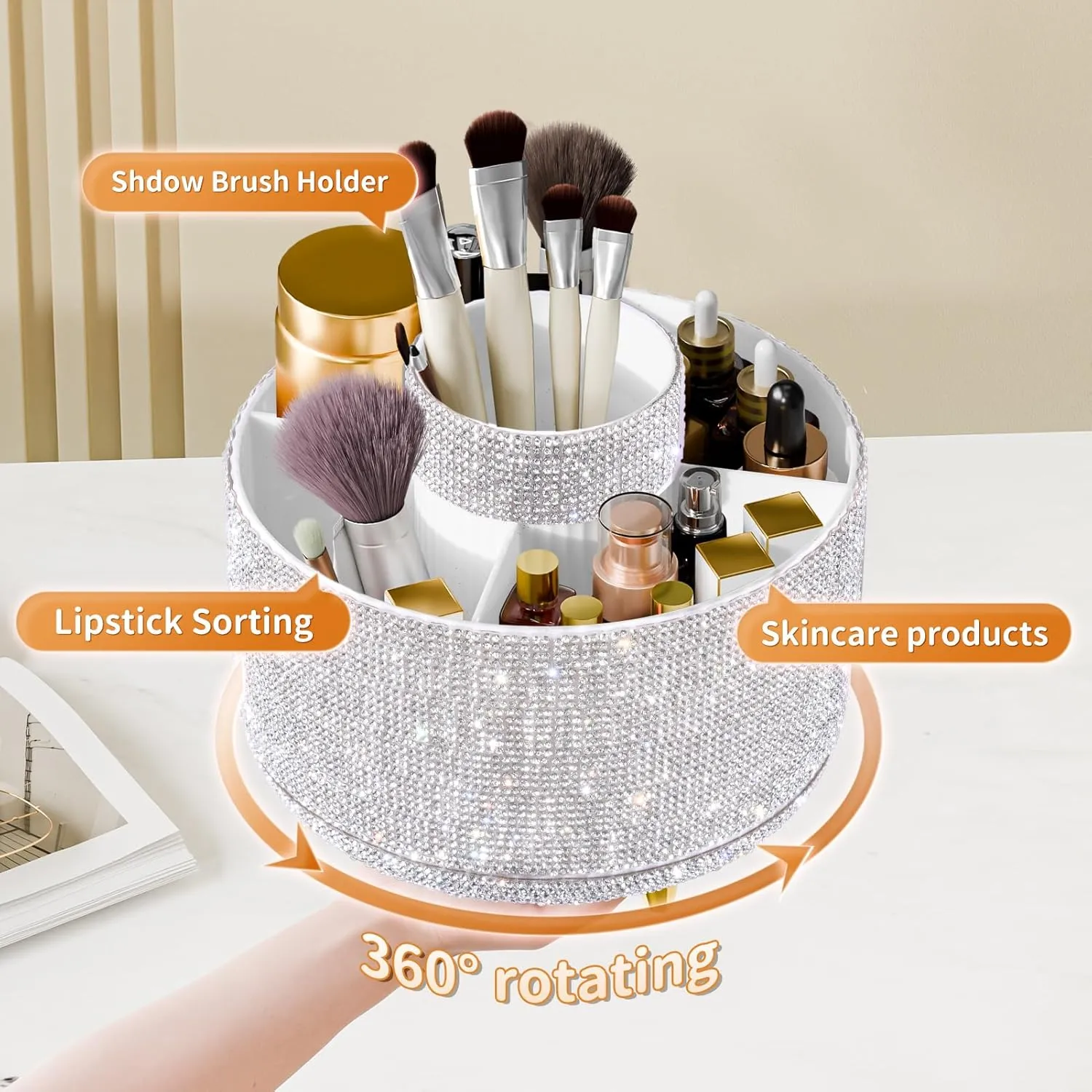Bling Diamond Makeup Brush Holder, 360° Rotating Makeup Organizer, 5 Slot Make up Brushes Cup for Countertop, Storage for Cosmetics Pen Eyeliner Skincare on the Vanity (Diamond white)