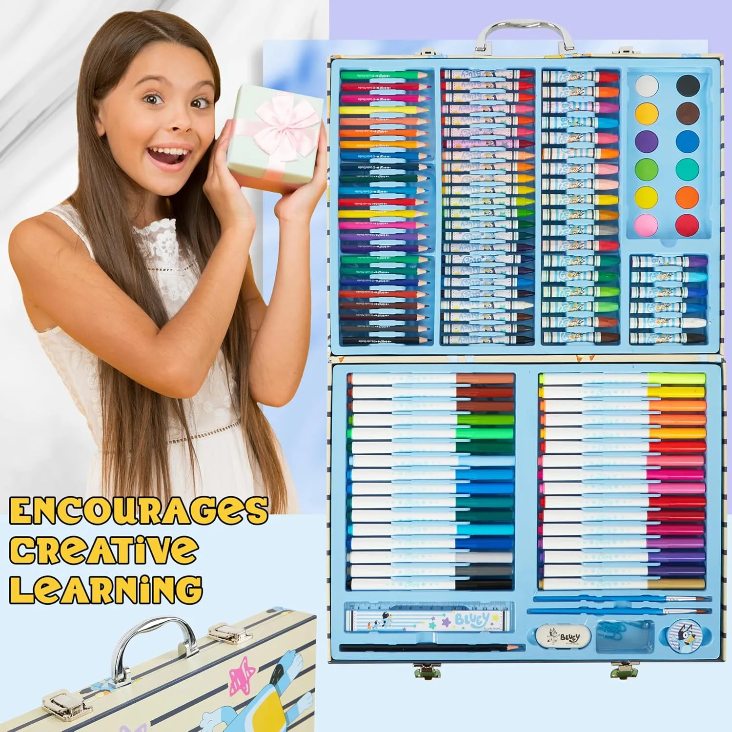 Bluey Colored Pencils Art Supplies for Boys Girls Drawing Kit Painting School Supplies Art Kit Travel Case Gifts for Kids (Blue Case)