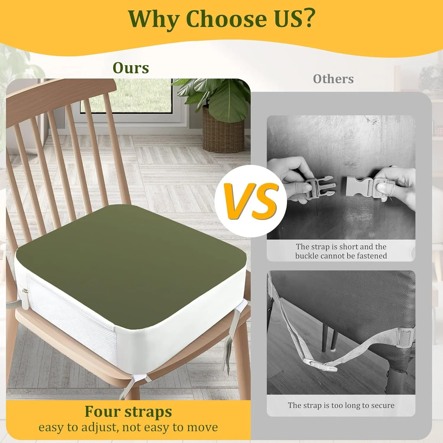 Booster Seat for Kitchen Chair - 4-Point Anchor 3.8" Lift Toddler Booster Seat for Dining Table with Side Pockets, Non-Slip & Portable Dining Cushion for Kids (Green)