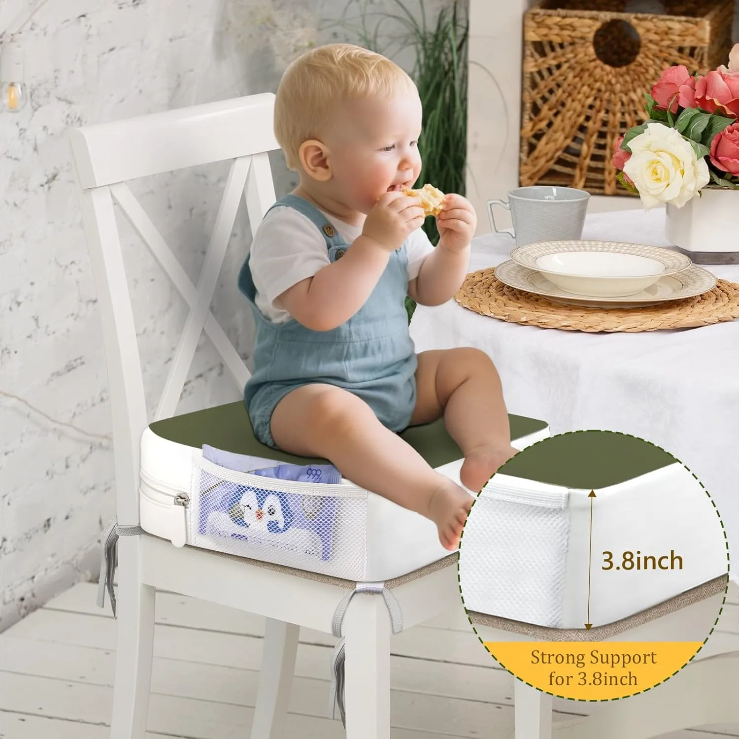 Booster Seat for Kitchen Chair - 4-Point Anchor 3.8" Lift Toddler Booster Seat for Dining Table with Side Pockets, Non-Slip & Portable Dining Cushion for Kids (Green)