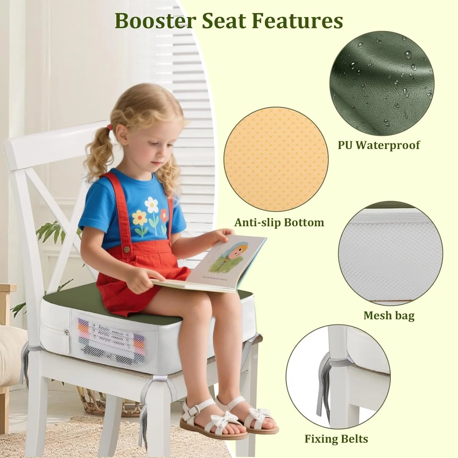 Booster Seat for Kitchen Chair - 4-Point Anchor 3.8" Lift Toddler Booster Seat for Dining Table with Side Pockets, Non-Slip & Portable Dining Cushion for Kids (Green)
