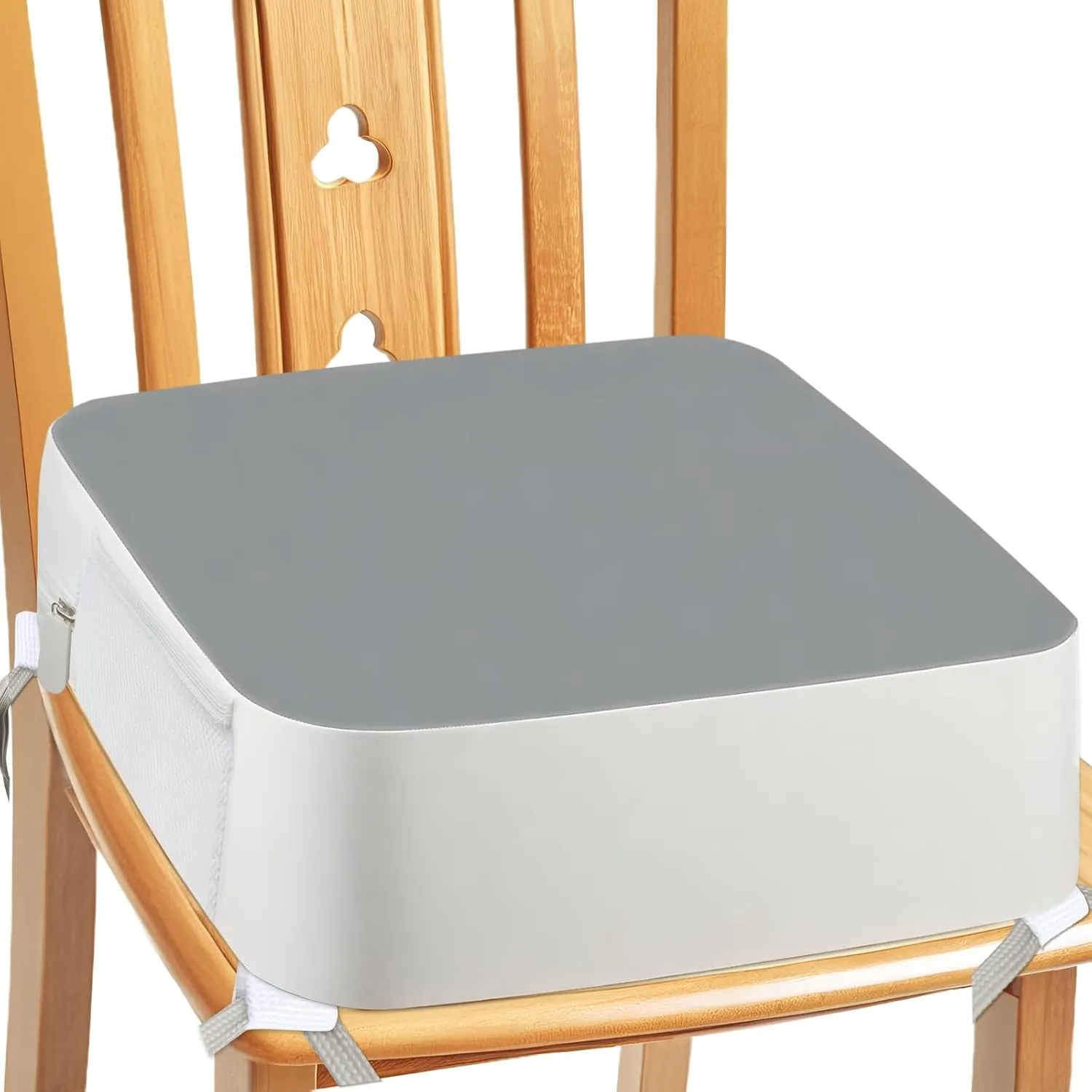Booster Seat for Kitchen Chair - 4-Point Anchor 3.8" Lift Toddler Booster Seat for Dining Table with Side Pockets, Non-Slip & Portable Dining Cushion for Kids (Grey)
