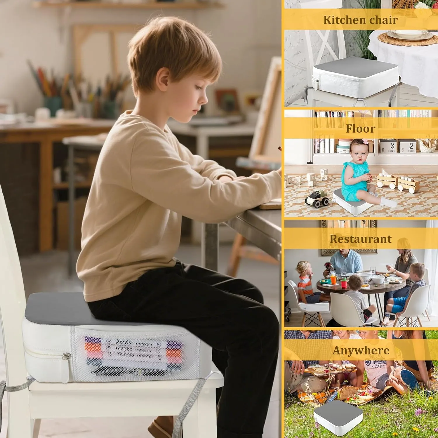 Booster Seat for Kitchen Chair - 4-Point Anchor 3.8" Lift Toddler Booster Seat for Dining Table with Side Pockets, Non-Slip & Portable Dining Cushion for Kids (Grey)