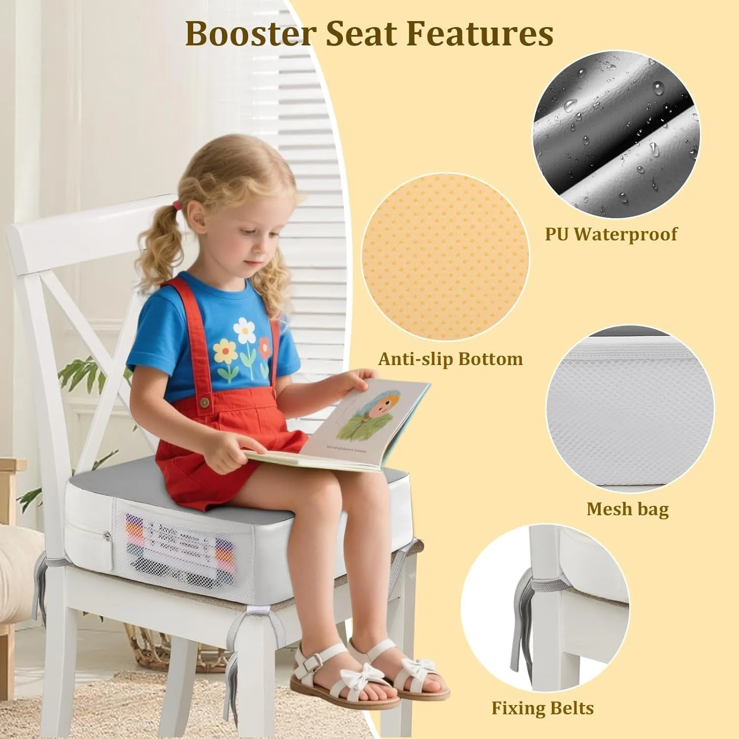 Booster Seat for Kitchen Chair - 4-Point Anchor 3.8" Lift Toddler Booster Seat for Dining Table with Side Pockets, Non-Slip & Portable Dining Cushion for Kids (Grey)