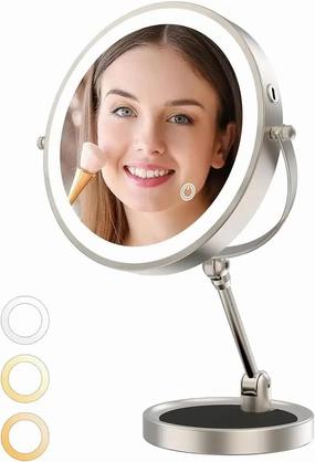 Boyuan 9" Lighted Makeup Mirror, 1X/5X Double-Sided Magnifying Desktop Cordless Light Mirror, Folding Makeup Mirror with Adjustable Height, 3 Colors of Vanity Mirror, 360 ° Rotating Travel Mirrors
