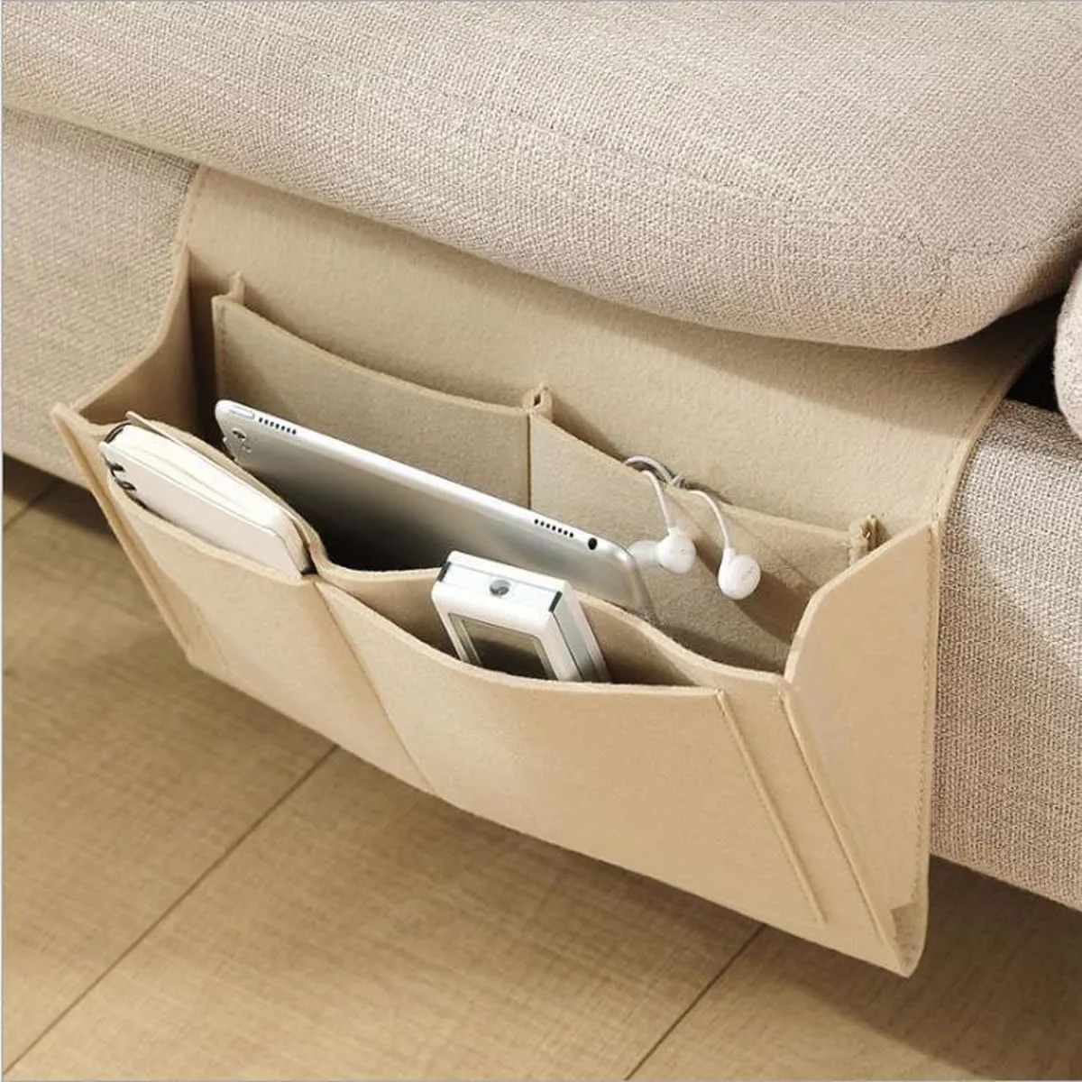 Bringsine 5 Pockets Bedside Caddy, Felt Bed Storage Organizer Hanging Bag Holder for Magazine Book Phone Tablet iPad Cables Remote and Glasses Holder Home Dorm Bed Sofa-Beige