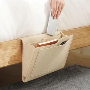 Bringsine 5 Pockets Bedside Caddy, Felt Bed Storage Organizer Hanging Bag Holder for Magazine Book Phone Tablet iPad Cables Remote and Glasses Holder Home Dorm Bed Sofa-Beige