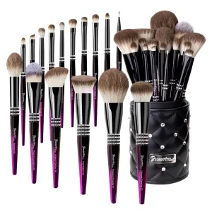 Bueart Design Professional Makeup Brush Set, 16 Pieces, Rhinestone Handle, Black and Pink with Storage Holder