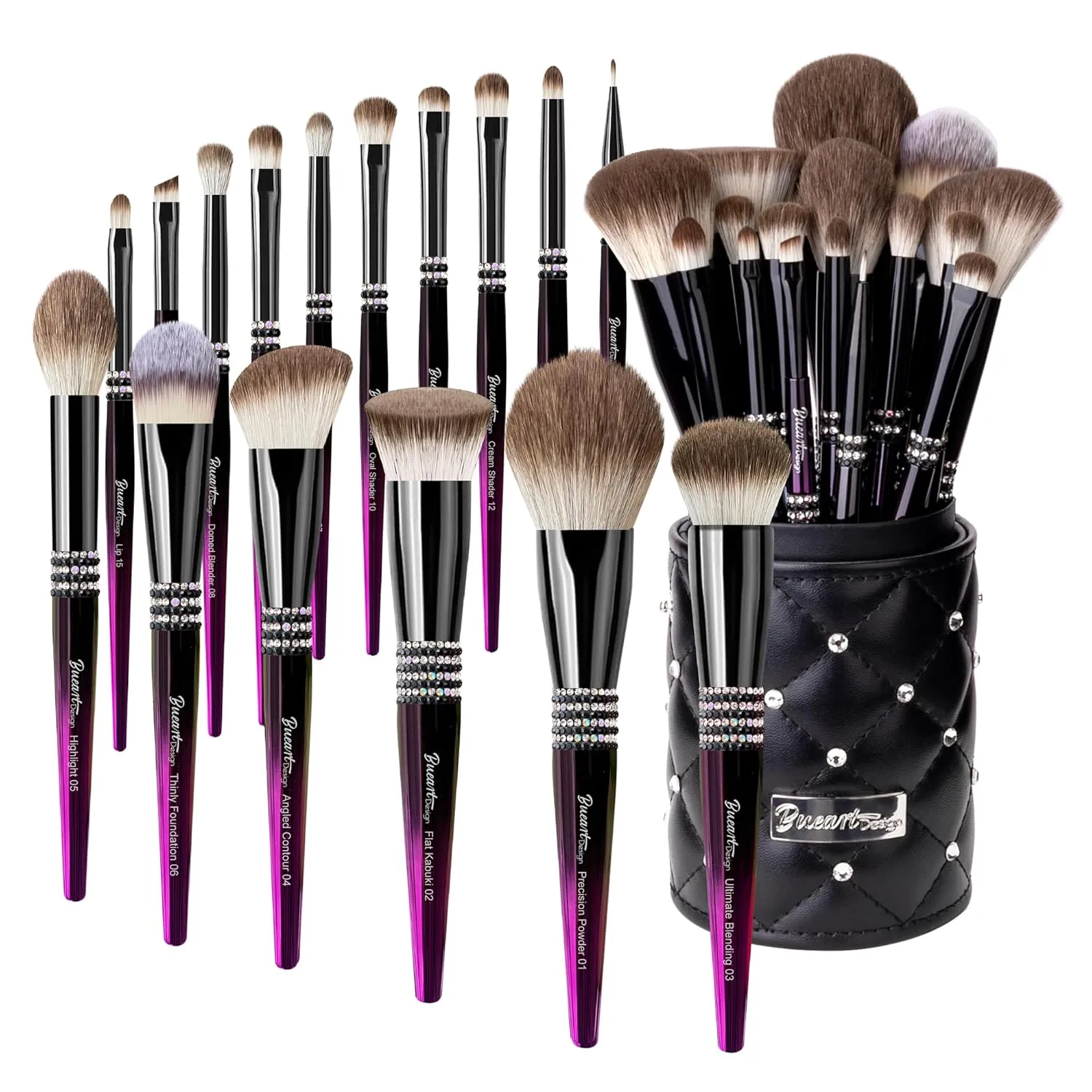Bueart Design Professional Makeup Brush Set, 16 Pieces, Rhinestone Handle, Black and Pink with Storage Holder