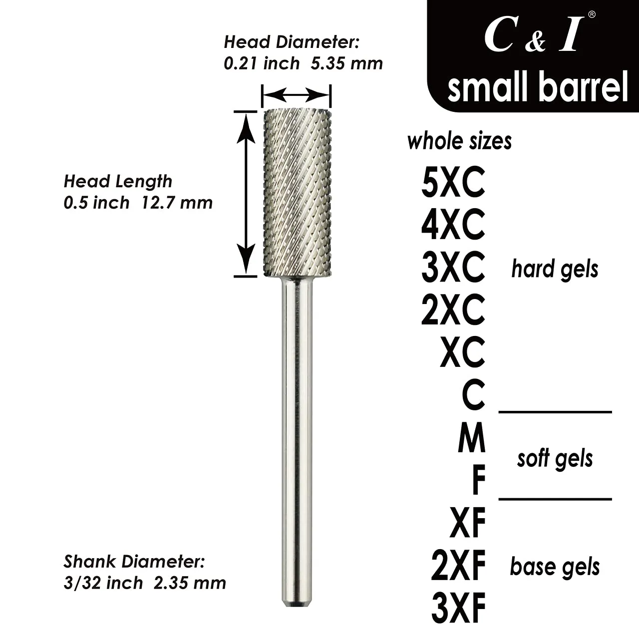 C & I Small Barrel Nail Drill Bits, Professional Electric File for Manicure Drill Machine, Nail Gels Remove, 3/32” (Triple Fine -3XF)