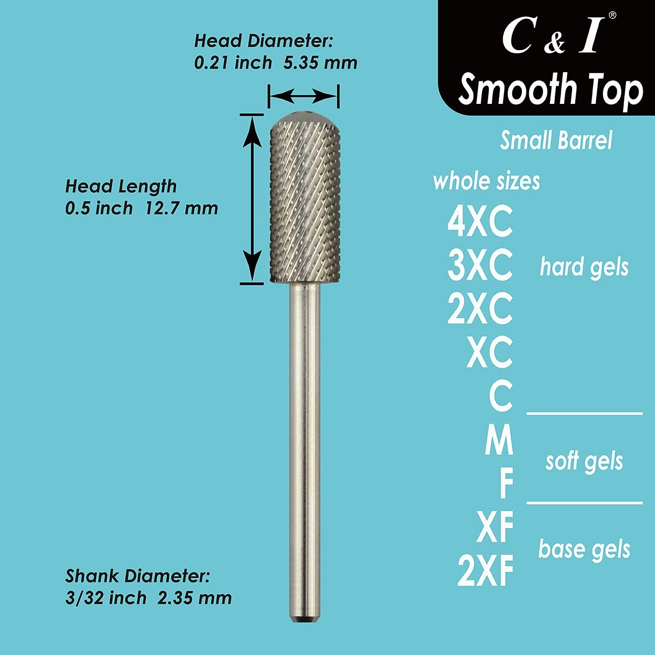 C & I Small Barrel Smooth Top Nail Drill Bit, Safety Round Top, Professional Electric File for Manicure Drill Machine, Remove Nail Gels, Acrylics, 3/32” (Double Fine – 2XF)