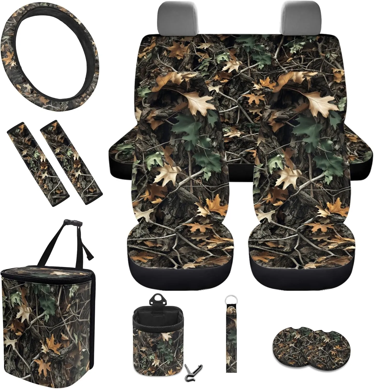 Camo Oak Hunting Wood 12 Pcs Car Accessories with Car Seat Covers Steering Wheel Cover Seat Belt Covers Car Garbage Air Vent Organizer Pouch Cup Holders Keychain