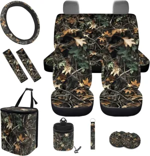 Camo Oak Hunting Wood 12 Pcs Car Accessories with Car Seat Covers Steering Wheel Cover Seat Belt Covers Car Garbage Air Vent Organizer Pouch Cup Holders Keychain