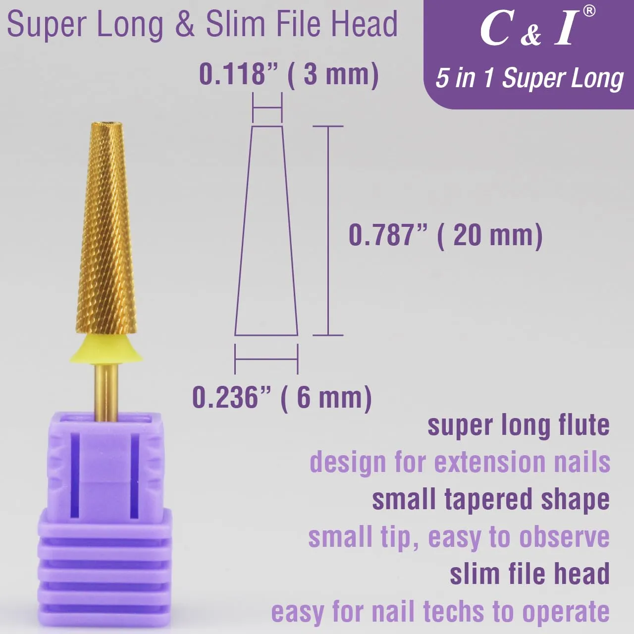 C&I 5 in 1 Nail Drill Bit Super Long Slim Efile Professional Nail Bits Nail Tech Must Have for Extension Nails Acrylic Powder Hard Gel Nail Tip Cuticle Remover Nail Supplies (Extra Fine -XF)
