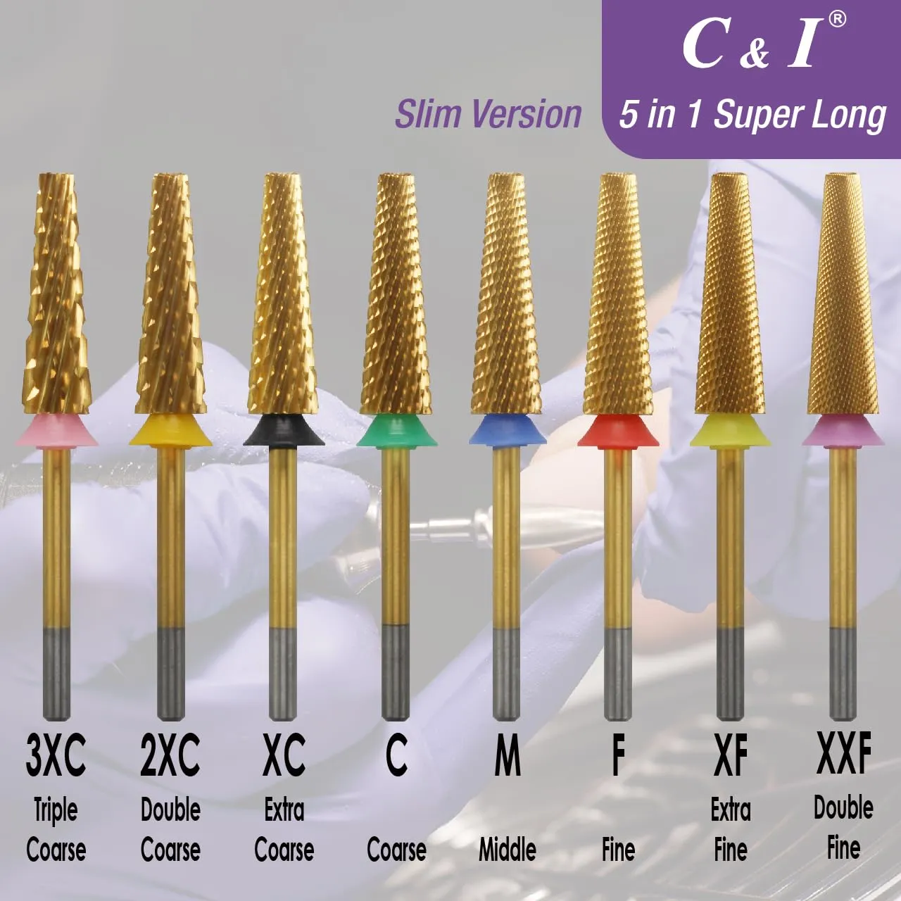 C&I 5 in 1 Nail Drill Bit Super Long Slim Efile Professional Nail Bits Nail Tech Must Have for Extension Nails Acrylic Powder Hard Gel Nail Tip Cuticle Remover Nail Supplies (Extra Fine -XF)