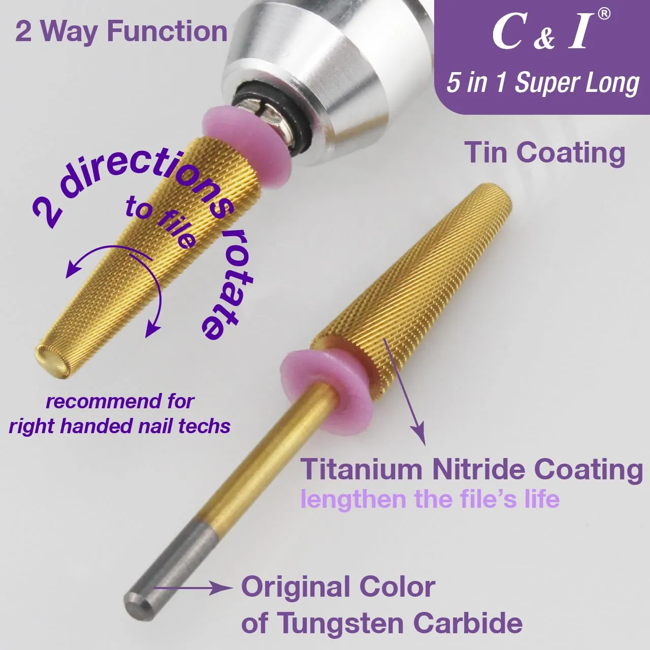 C&I 5 in 1 Nail Drill Bit Super Long Slim Efile Professional Nail Bits Nail Tech Must Have for Extension Nails Acrylic Powder Hard Gel Nail Tip Cuticle Remover Nail Supplies (Extra Fine -XF)