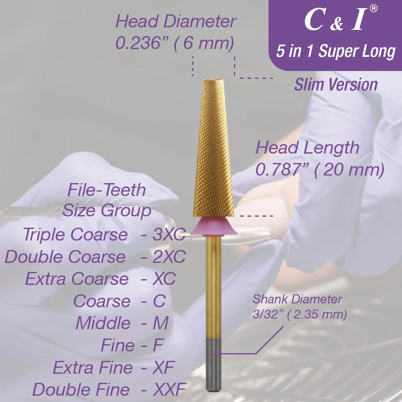 C&I 5 in 1 Nail Drill Bit Super Long Slim Efile Professional Nail Bits Nail Tech Must Have for Extension Nails Acrylic Powder Hard Gel Nail Tip Cuticle Remover Nail Supplies (Extra Fine -XF)