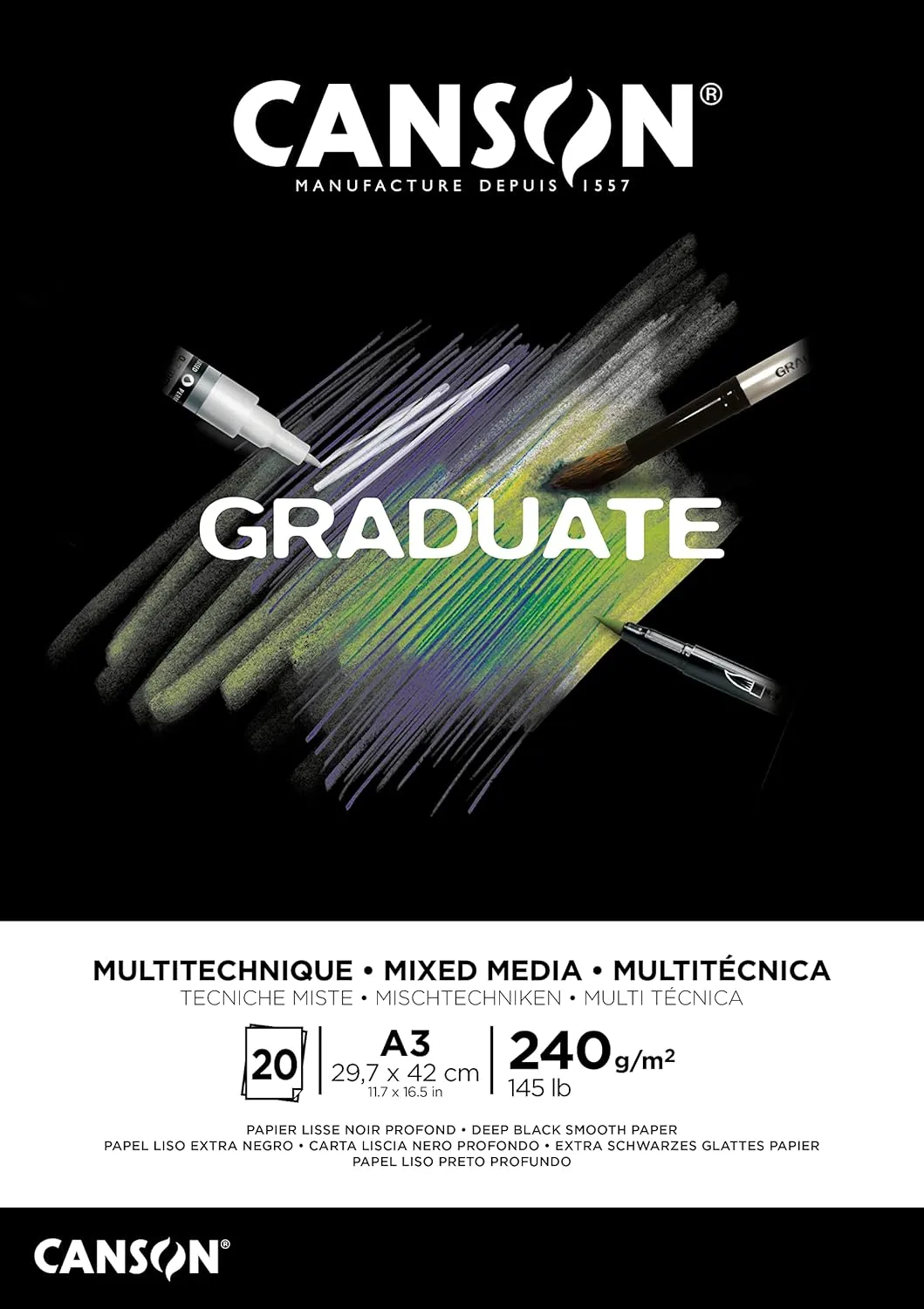 Canson Graduate Mix Media Glued Pad A3 20 Sheets Fine Black 240 g, C31250P018