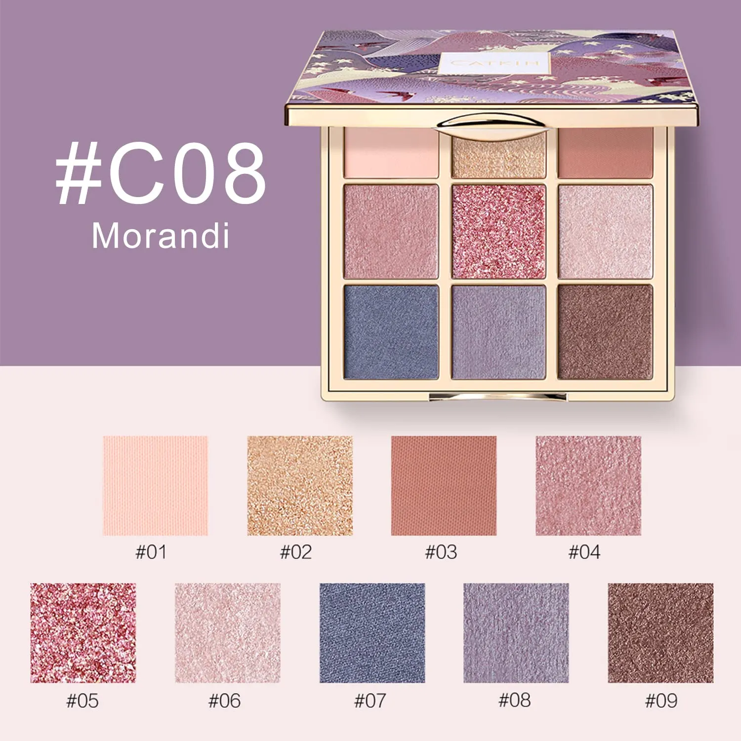 Catkin Eyeshadow Palettes 9 Blendable Shades Smooth Long Lasting Eyeshadow Matte and Glitter Eye Makeup Highly Pigmented Makeup Palettes C08 Morandi