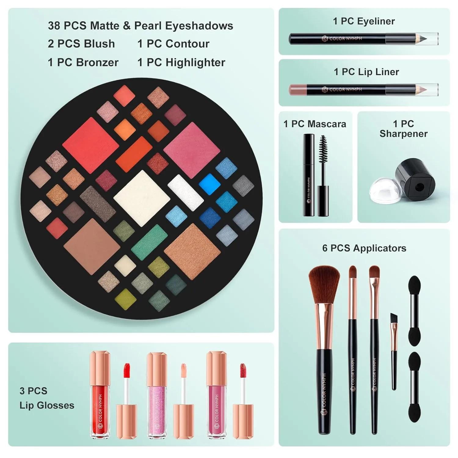 Color Nymph Starter Makeup Kits for Teens Girls With Reusable Case, Beginner Makeup Sets for Preteen, Birthday Valentines Day Makeup Gift Including 38-Colors Eyeshadows Lipglosses Brushes(Green)