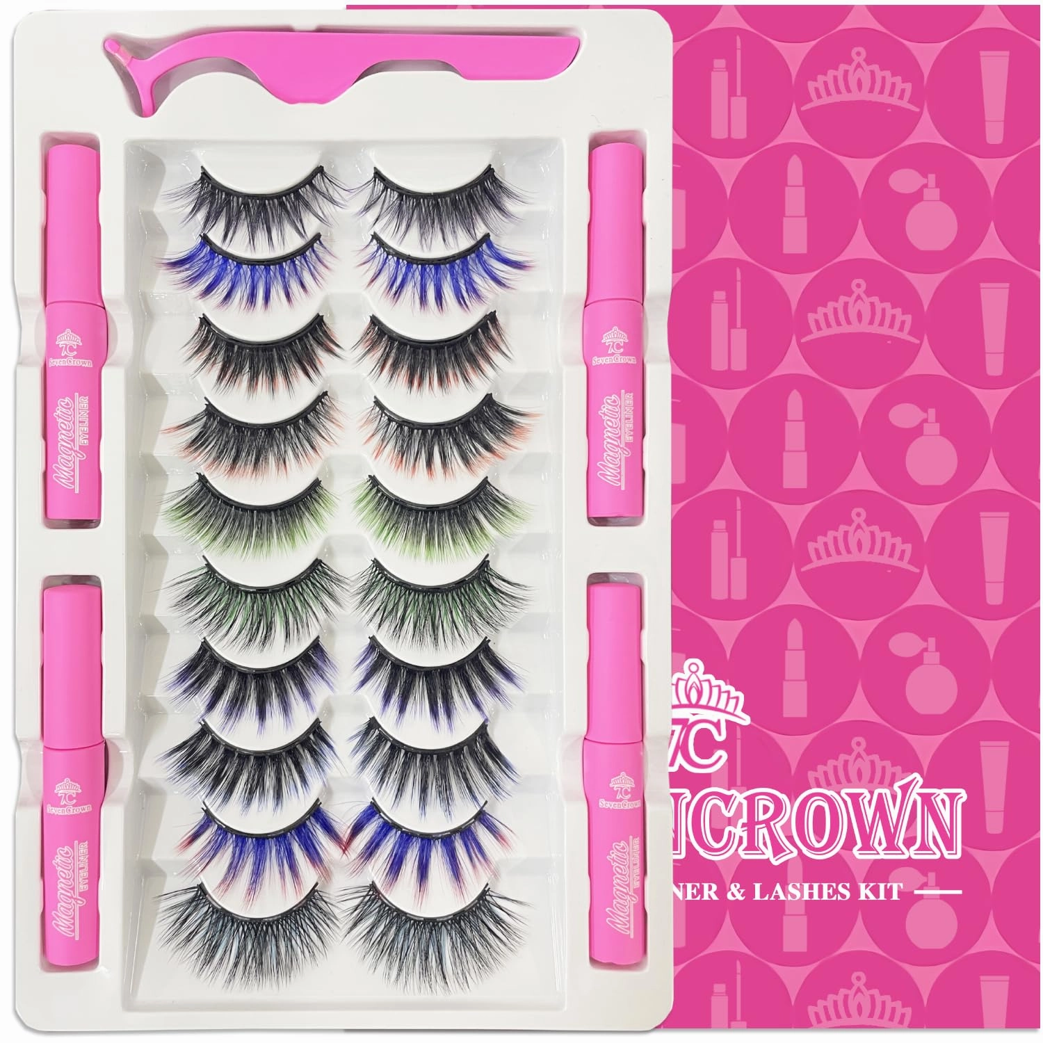 Color Magnetic Eyelashes Colored Eyelashes for Halloween Party Cosplay Makeup Kit,Magnetic Lashes with Eyeliner, Wispy Cat-Eye Look 18-21MM Fake Eyelash MIX 10 Pairs Cruelty-Free & Vegan