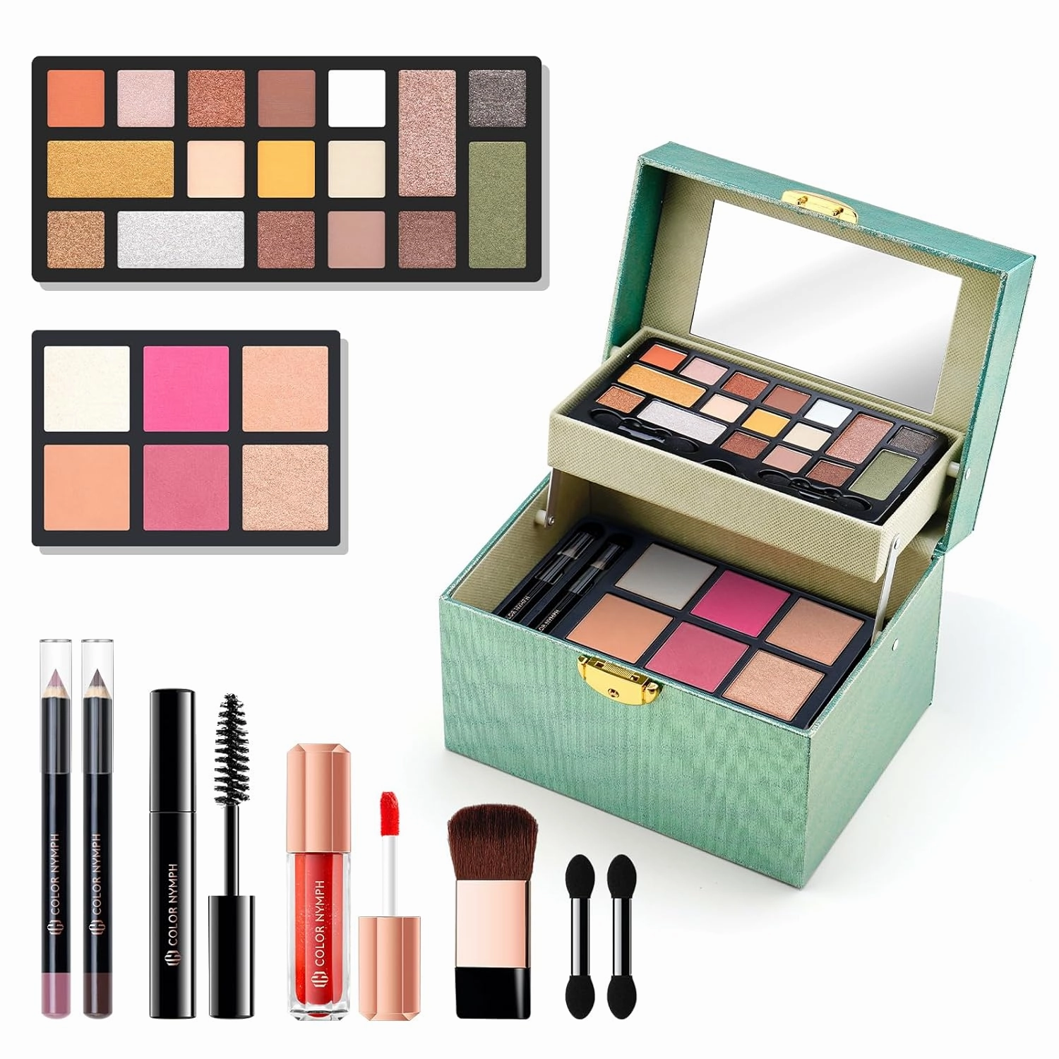 Color Nymph Beginner Makeup Kit For Teens, Girls Makeup kits With Recyclable And Key-Lockable Cabinet Included 17-Colors Eyeshadows Blushes Bronzer Highlighter Lipstick Brushes Mirror(Green)
