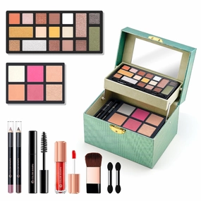 Color Nymph Beginner Makeup Kit For Teens, Girls Makeup kits With Recyclable And Key-Lockable Cabinet Included 17-Colors Eyeshadows Blushes Bronzer Highlighter Lipstick Brushes Mirror(Green)