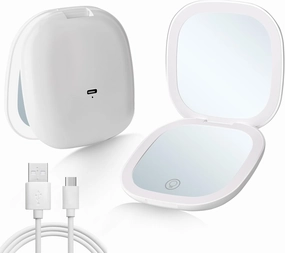 Compact LED Travel Makeup Mirror, Rechargeable Double Sided 1X/10X Magnifying Mirror, 3 Color Lighting, Dimmable Touch Screen, Foldable Lighting Mirror with USB Data Cable White