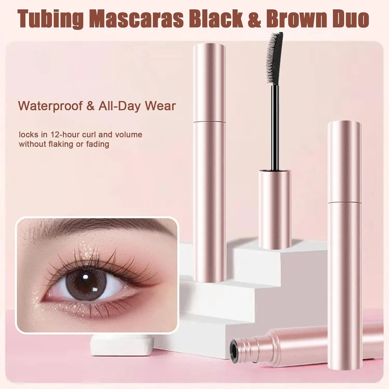 Comparison K Mascara, Tubing Mascaras Black & Brown Duo for Lash Makeup, Natural Defining Curling Eyelashes, Waterproof & Sweatproof Long Lasting Non-smudged (Black Black)