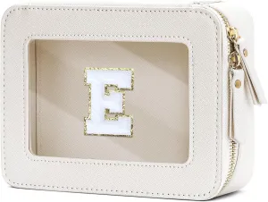 Cosmetic Bags for Women - Initial Toiletry Bag for Girls with Zipper, Clear & Potable Makeup Bag for Travel, Cosmetic Pouch Perfect Gifts for Graduation (Beige, E)