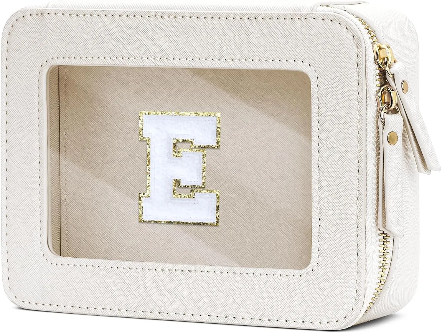 Cosmetic Bags for Women - Initial Toiletry Bag for Girls with Zipper, Clear & Potable Makeup Bag for Travel, Cosmetic Pouch Perfect Gifts for Graduation (Beige, E)