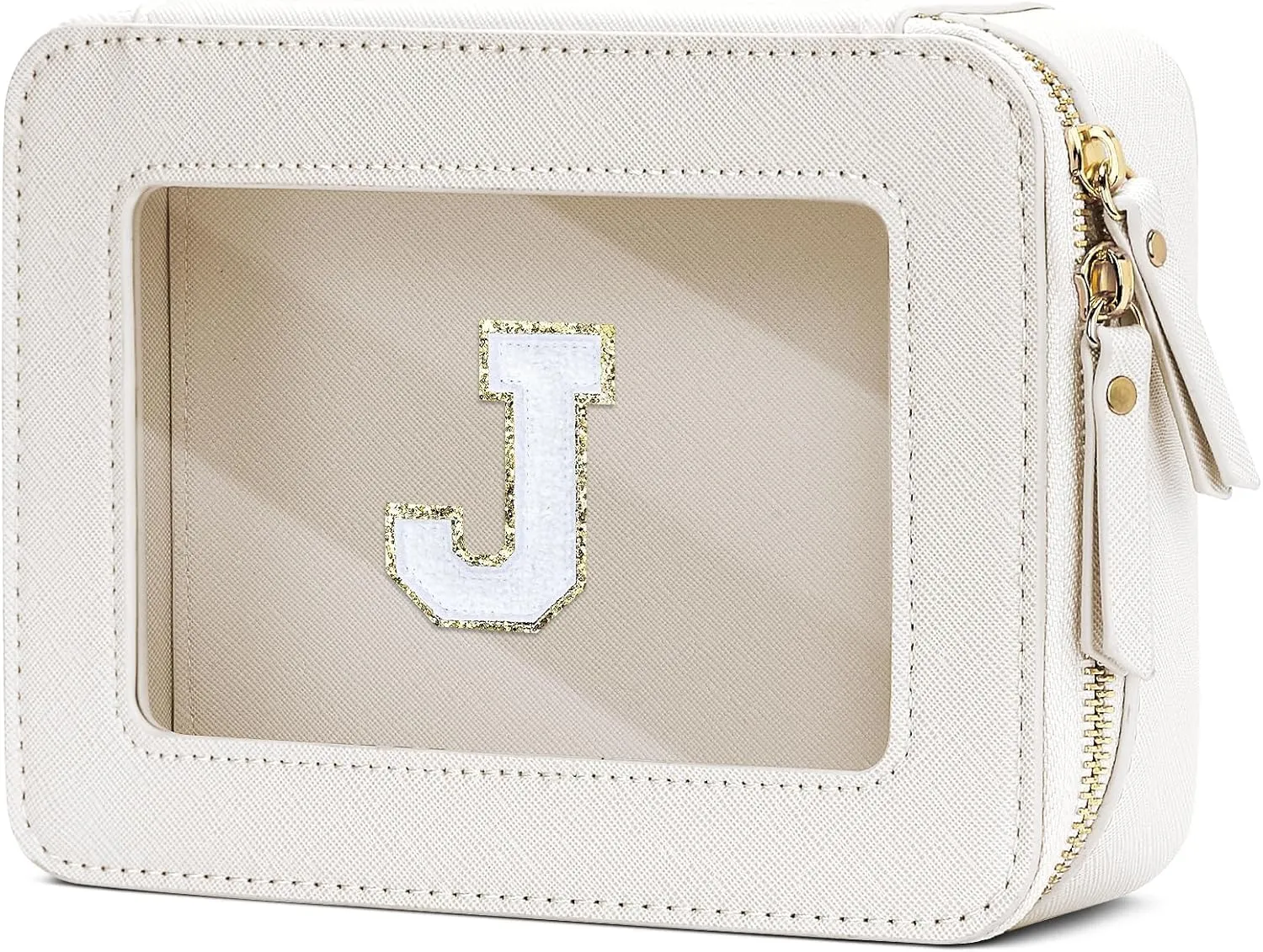 Cosmetic Bags for Women - Initial Toiletry Bag for Girls with Zipper, Clear & Potable Makeup Bag for Travel, Cosmetic Pouch Perfect Gifts for Graduation (Beige, J)