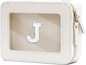 Cosmetic Bags for Women - Initial Toiletry Bag for Girls with Zipper, Clear & Potable Makeup Bag for Travel, Cosmetic Pouch Perfect Gifts for Graduation (Beige, J)