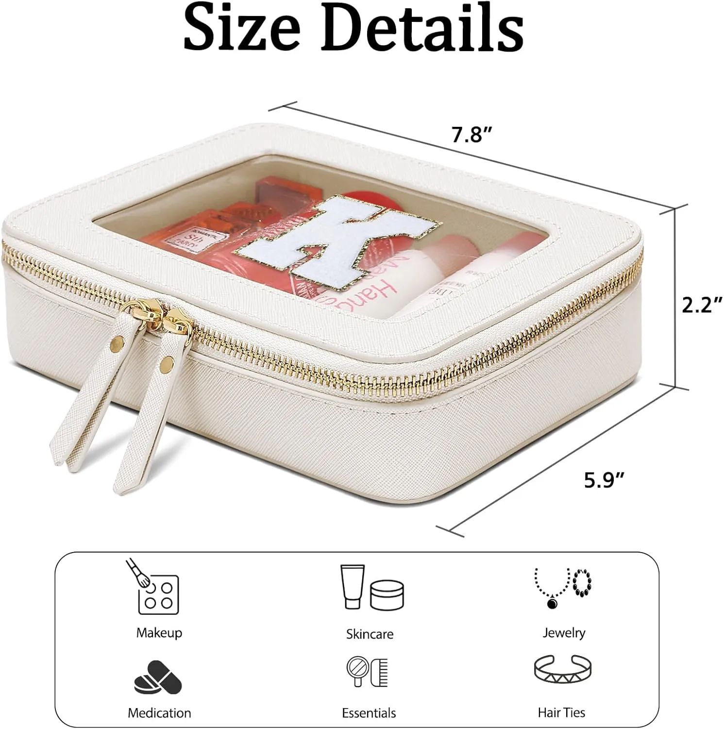 Cosmetic Bags for Women - Initial Toiletry Bag for Girls with Zipper, Clear & Potable Makeup Bag for Travel, Cosmetic Pouch Perfect Gifts for Graduation (Beige, K)