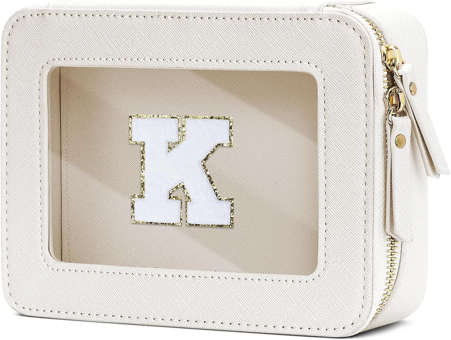 Cosmetic Bags for Women - Initial Toiletry Bag for Girls with Zipper, Clear & Potable Makeup Bag for Travel, Cosmetic Pouch Perfect Gifts for Graduation (Beige, K)