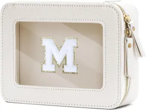 Cosmetic Bags for Women - Initial Toiletry Bag for Girls with Zipper, Clear & Potable Makeup Bag for Travel, Cosmetic Pouch Perfect Gifts for Graduation (Beige, M)