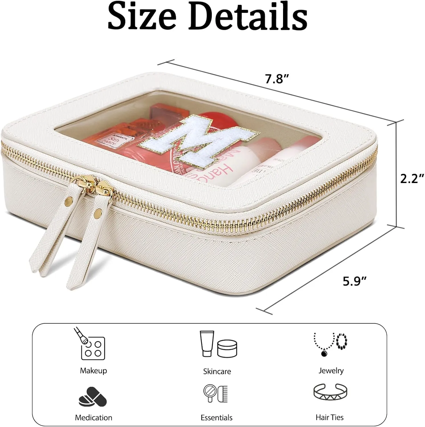Cosmetic Bags for Women - Initial Toiletry Bag for Girls with Zipper, Clear & Potable Makeup Bag for Travel, Cosmetic Pouch Perfect Gifts for Graduation (Beige, M)