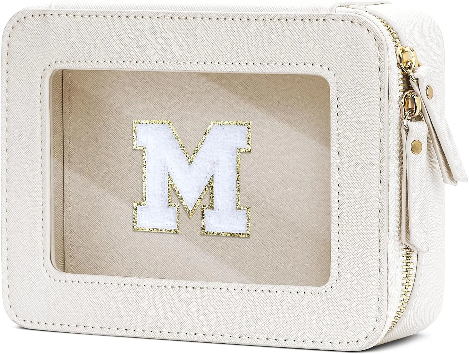 Cosmetic Bags for Women - Initial Toiletry Bag for Girls with Zipper, Clear & Potable Makeup Bag for Travel, Cosmetic Pouch Perfect Gifts for Graduation (Beige, M)