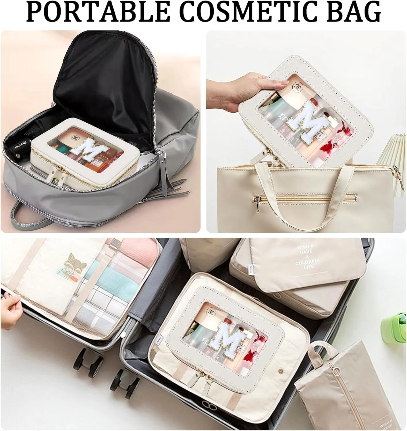 Cosmetic Bags for Women - Initial Toiletry Bag for Girls with Zipper, Clear & Potable Makeup Bag for Travel, Cosmetic Pouch Perfect Gifts for Graduation (Beige, M)