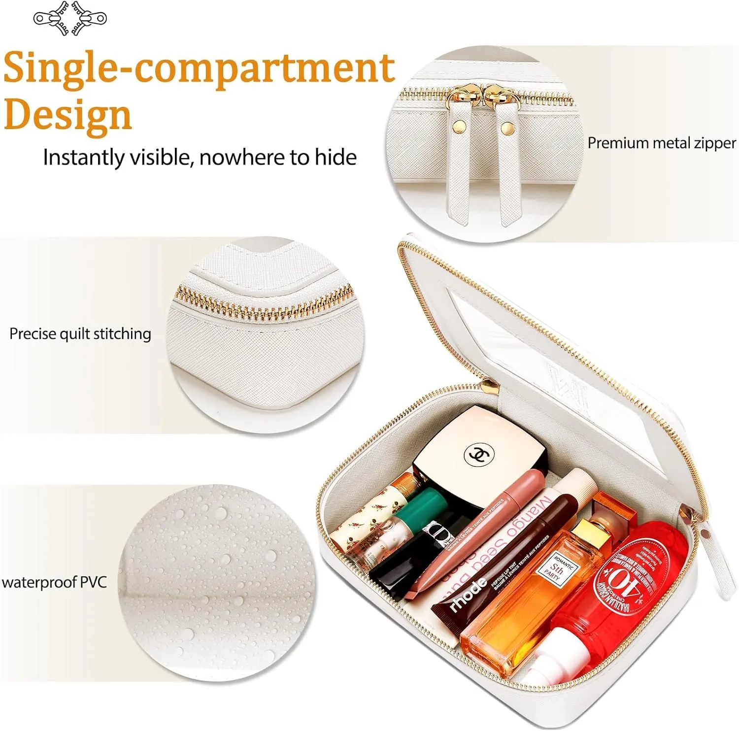 Cosmetic Bags for Women - Initial Toiletry Bag for Girls with Zipper, Clear & Potable Makeup Bag for Travel, Cosmetic Pouch Perfect Gifts for Graduation (Beige, M)