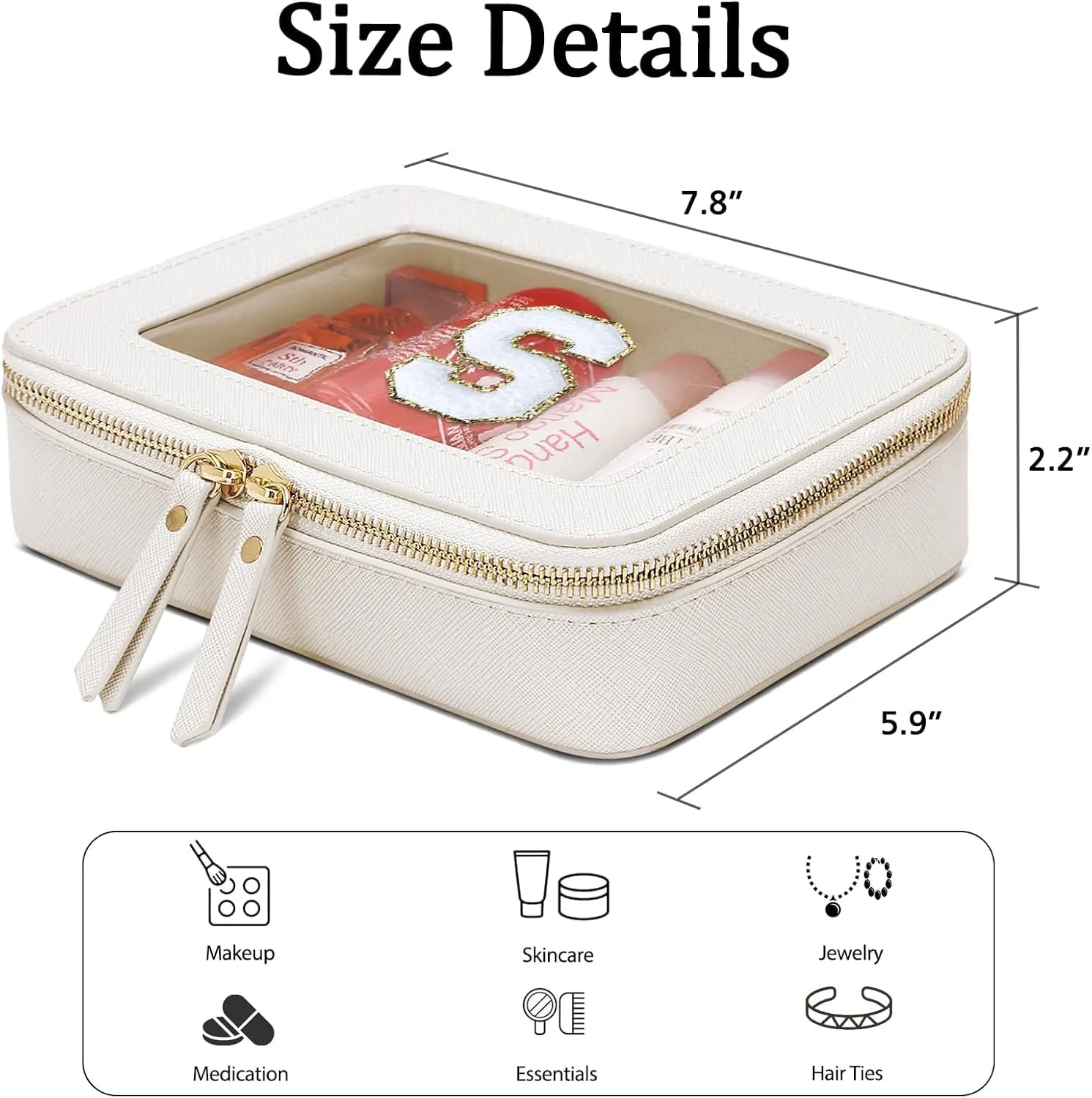 Cosmetic Bags for Women - Initial Toiletry Bag for Girls with Zipper, Clear & Potable Makeup Bag for Travel, Cosmetic Pouch Perfect Gifts for Graduation (Beige, S)