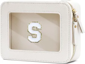 Cosmetic Bags for Women - Initial Toiletry Bag for Girls with Zipper, Clear & Potable Makeup Bag for Travel, Cosmetic Pouch Perfect Gifts for Graduation (Beige, S)