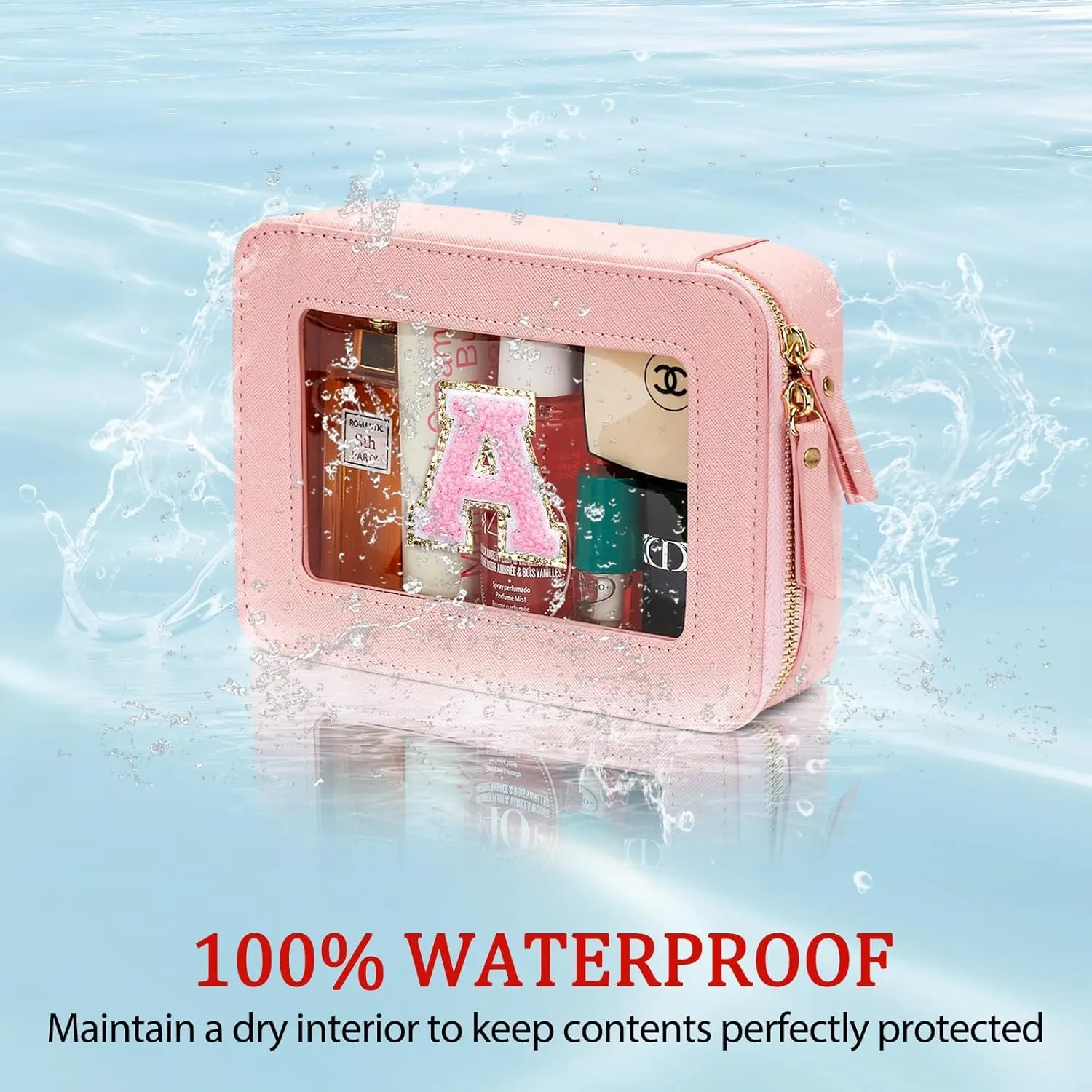 Cosmetic Bags for Women - Initial Toiletry Bag for Girls with Zipper, Clear & Potable Makeup Bag for Travel, Cosmetic Pouch Perfect Gifts for Graduation (Pink, A)